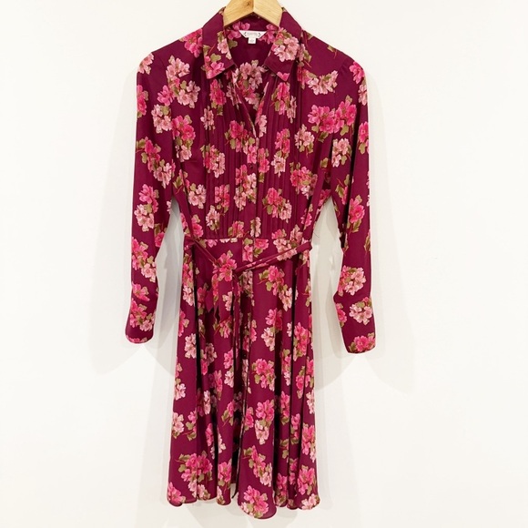 NANETTE LEPORE Women's Burgundy Floral Print Button Down Shirt Dress. 2 - Picture 3 of 10
